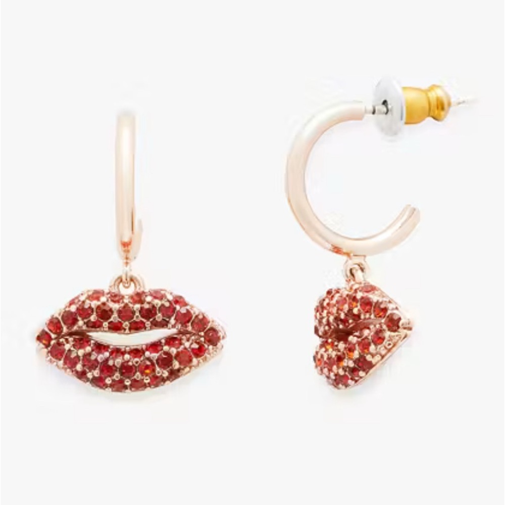 Kate Spade Kiss Kiss Lips Huggie Dangle Earrings ~ Pave Rhinestone Lip Hoops